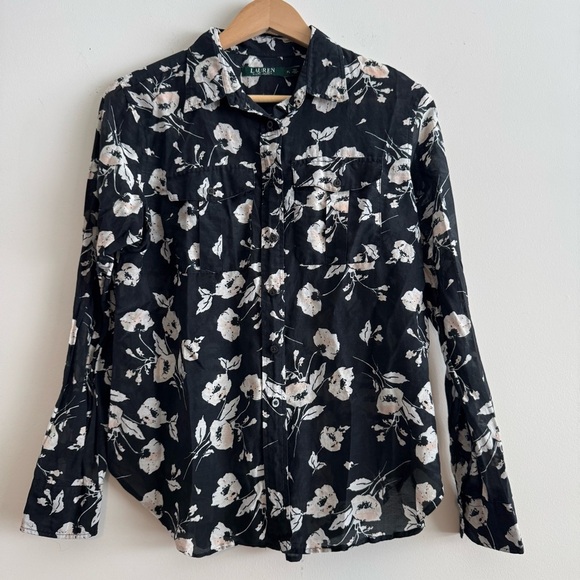 Lauren Ralph Lauren black floral cotton/silk thin button up long sleeve top PL - Picture 1 of 7